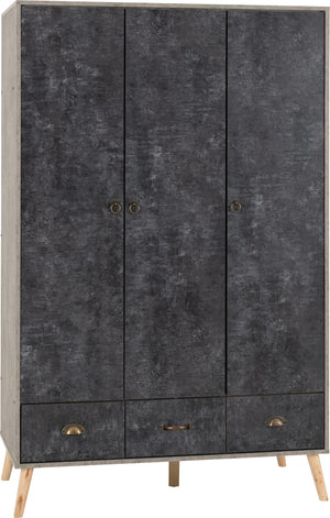 Nordic 3 Door 3 Drawer Wardrobe - Concrete Effect/Charcoal