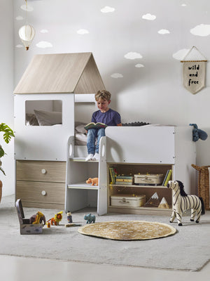 Orpheus 90cm Single White and Wood Effect Treehouse Midsleeper Cabin Bed