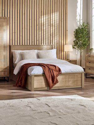 Padstow 135cm Double Oak Rattan Effect Lift-up Ottoman Storage Bed