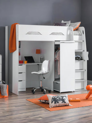 Pegasus 90cm Single White and Silver Highsleeper Loft Bed with Desk