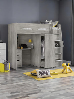 Pegasus 90cm Single Grey Oak Effect Highsleeper Loft Bed with Desk