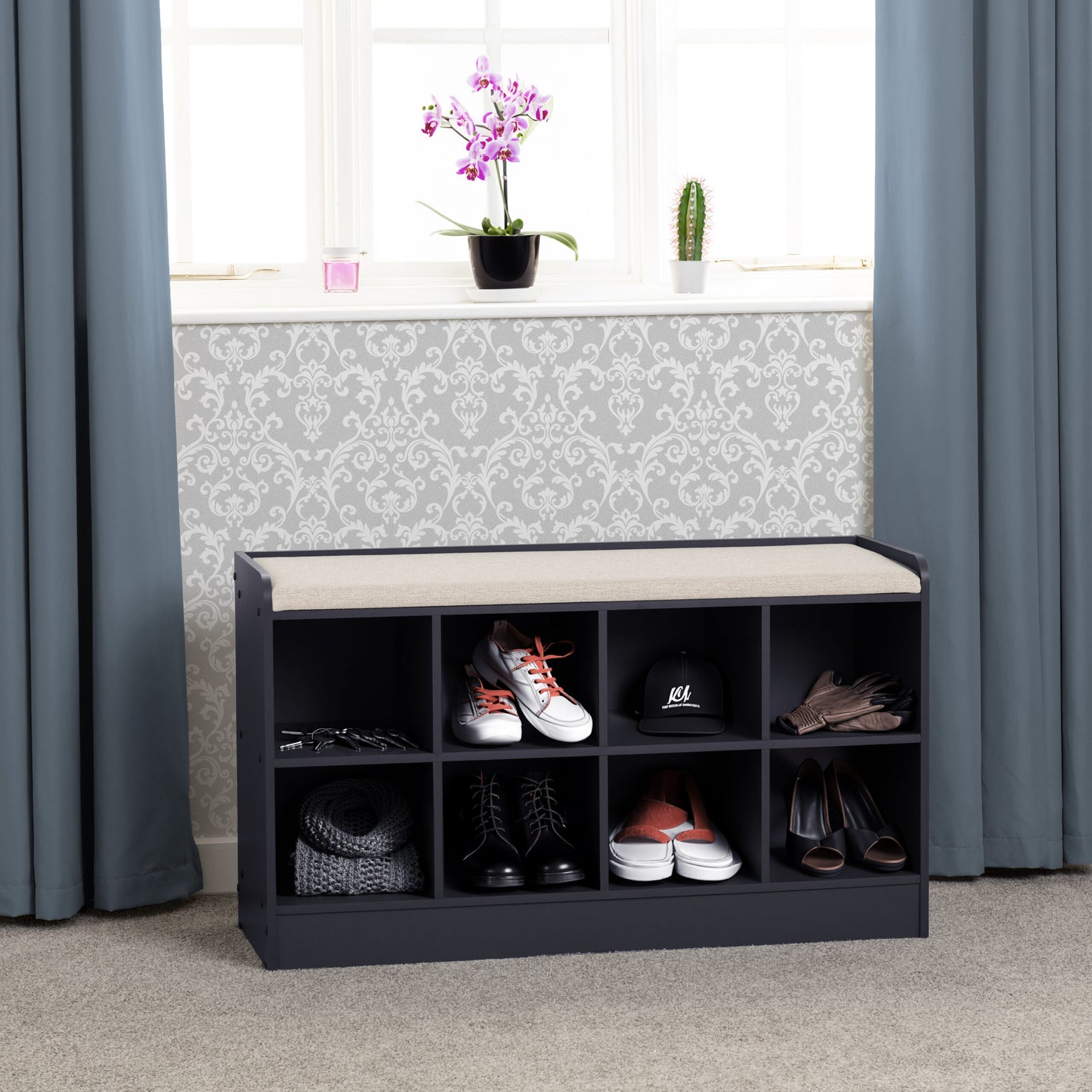 Portland Shoe Bench - Navy Blue/Cream Fabric