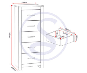 Portland 5 Drawer Narrow Chest - WHITE/OAK EFFECT