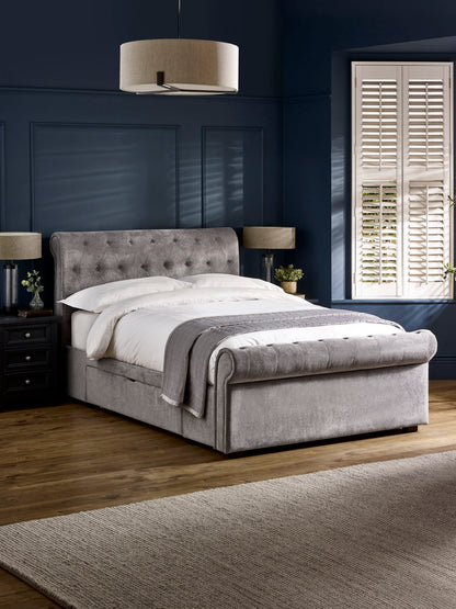 Ravello Grey Chenille Upholstered 150cm Kingsize Bed with 2 Drawers