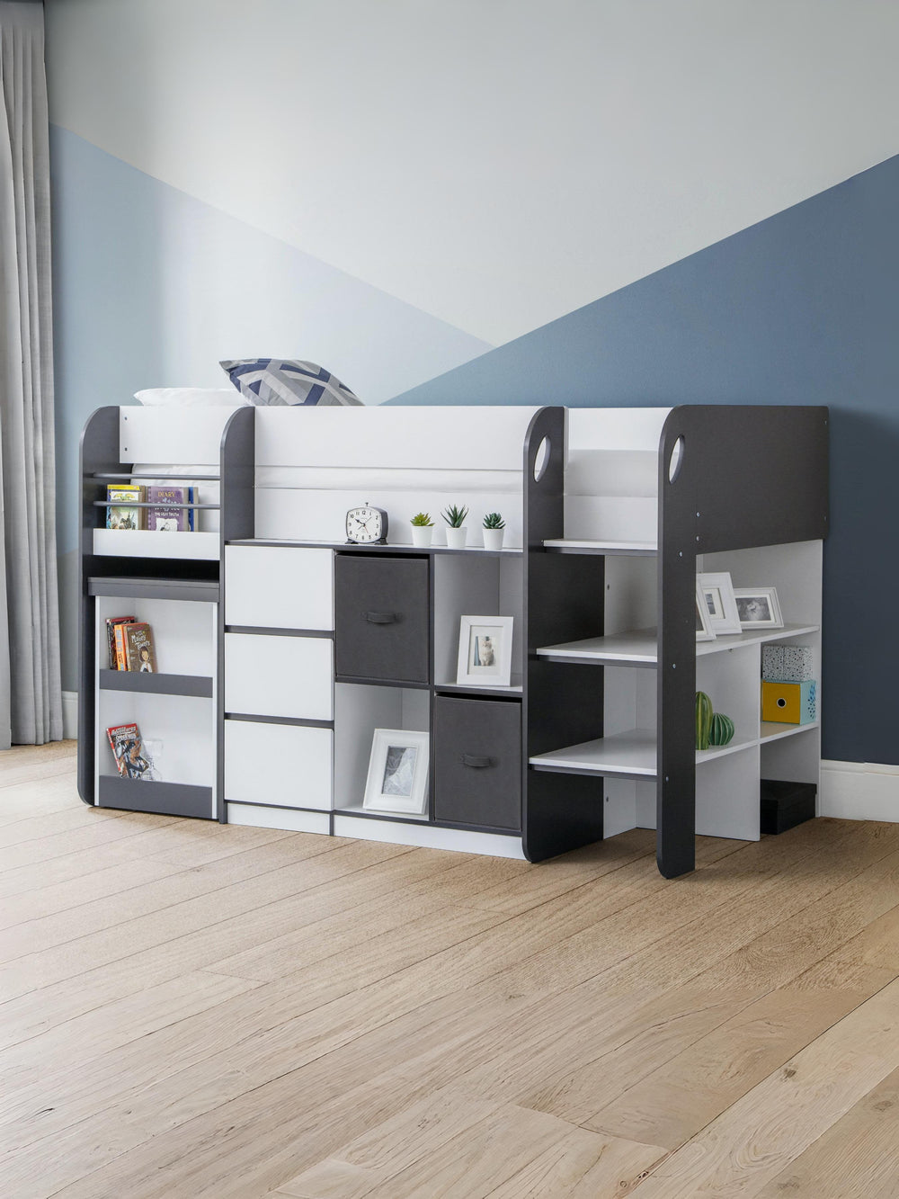 Saturn 90cm Single Black and White Midsleeper Cabin Bed with Desk
