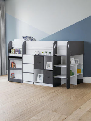 Saturn 90cm Single Black and White Midsleeper Cabin Bed with Desk