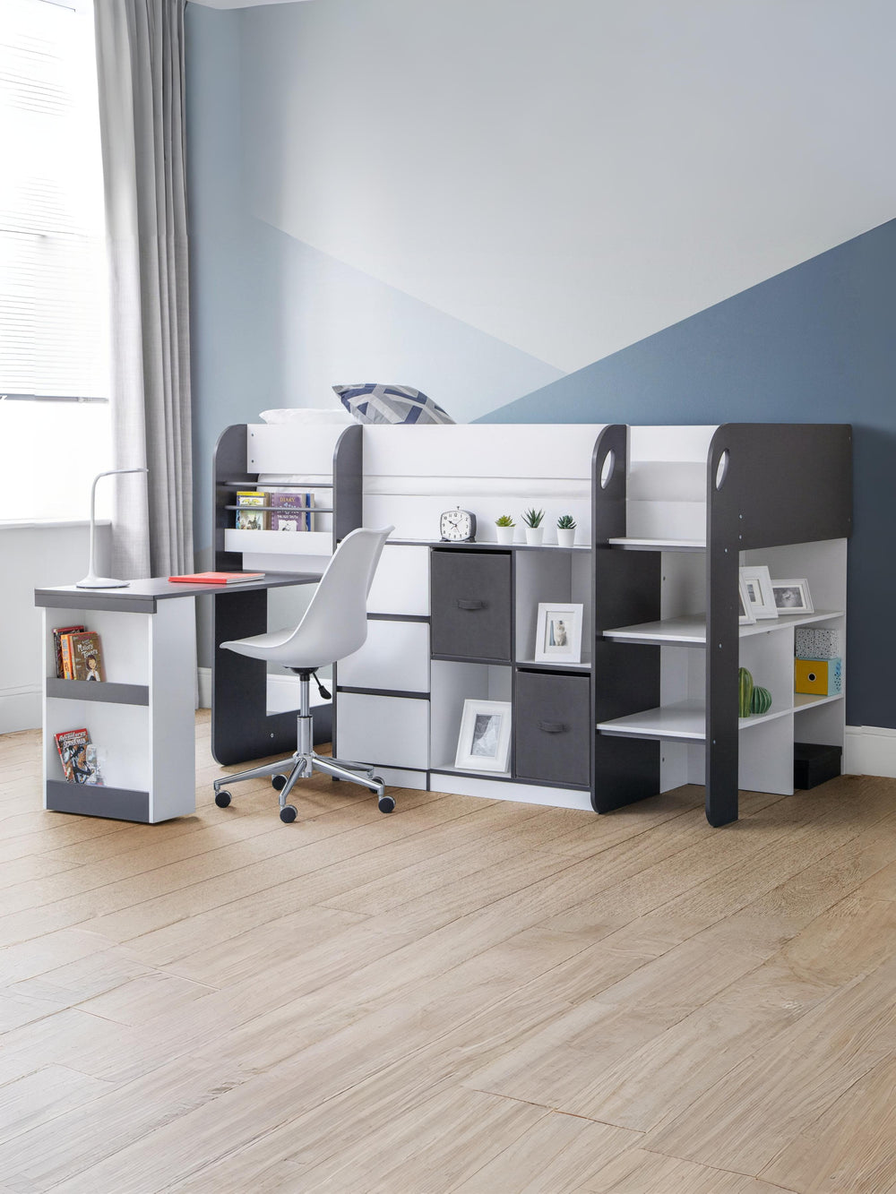 Saturn 90cm Single Black and White Midsleeper Cabin Bed with Desk