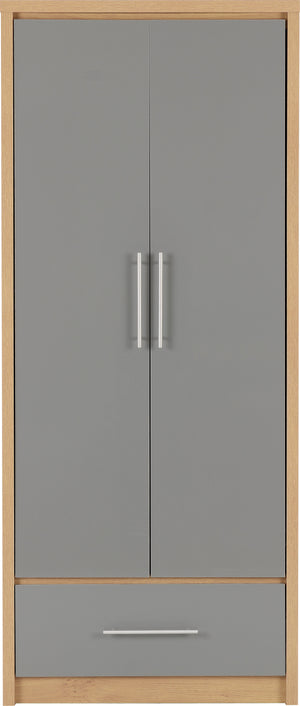 Seville 2 Door 1 Drawer Wardrobe - Grey High Gloss/Light Oak Effect Veneer