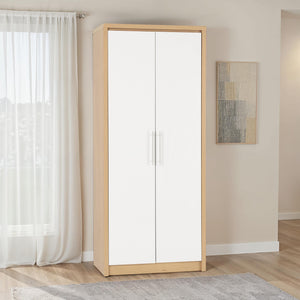 Seville 2 Door Wardrobe - White High Gloss/Light Oak Effect Veneer