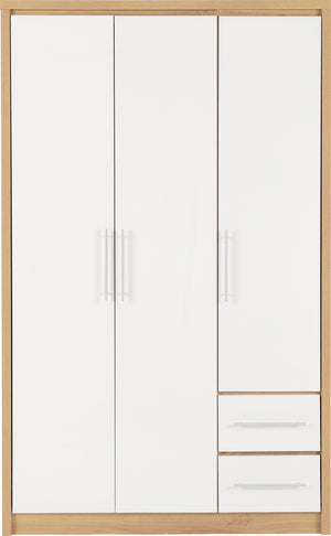 Seville 3 Door 2 Drawer Wardrobe - White High Gloss/Light Oak Effect Veneer
