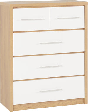 Seville 3+2 Drawer Chest - WHITE GLOSS/LIGHT OAK EFFECT VENEER