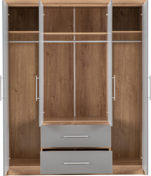 Seville 4 Door 2 Drawer Wardrobe - GREY GLOSS/LIGHT OAK EFFECT VENEER