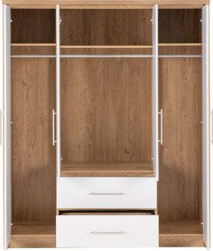 Seville 4 Door 2 Drawer Wardrobe - WHITE GLOSS/LIGHT OAK EFFECT VENEER