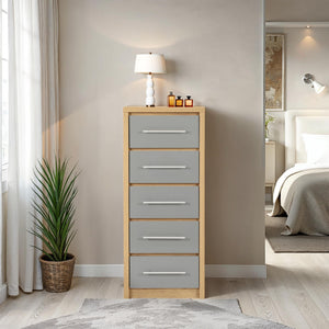 Seville 5 Drawer Narrow Chest - GREY GLOSS/LIGHT OAK EFFECT VENEER