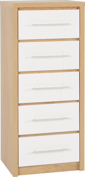 Seville 5 Drawer Narrow Chest - WHITE GLOSS/LIGHT OAK EFFECT VENEER