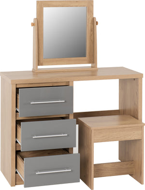 Seville 3 Drawer Dressing Table Set - GREY GLOSS/LIGHT OAK EFFECT VENEER