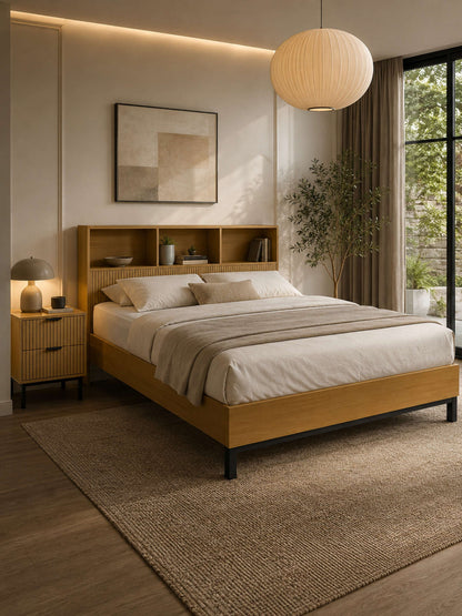 Sia Bookcase Headboard Bed - Light Oak Effect, King