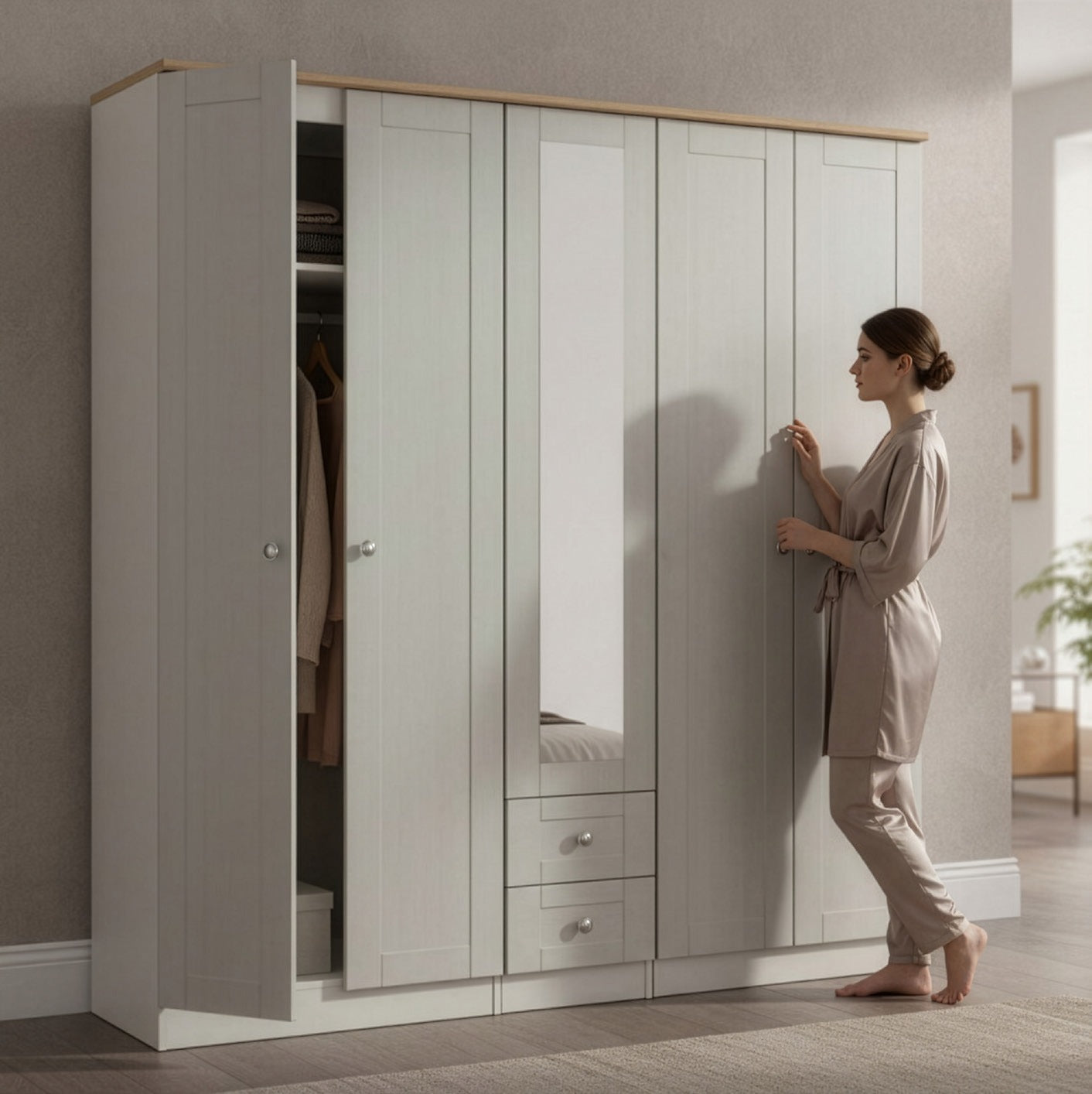 Sussex Tall 6 Door Plain + 2Draw Mirr Robe