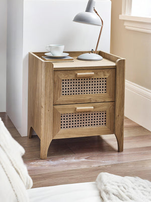 Sydney Rattan Print 2 Drawer Bedside - Oak Effect