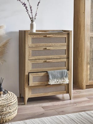Sydney Rattan Print 5 Drawer Chest - Oak Effect