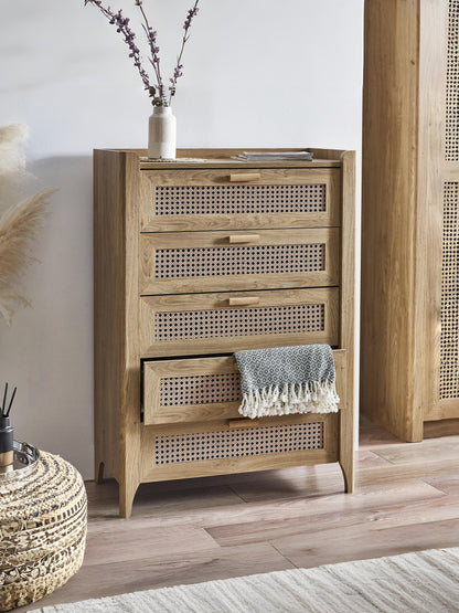 Sydney Rattan Print 5 Drawer Chest - Oak Effect