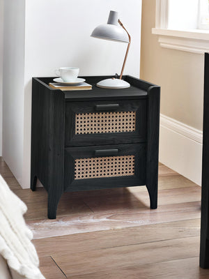 Sydney Rattan Print 2 Drawer Bedside - Black Ash Effect