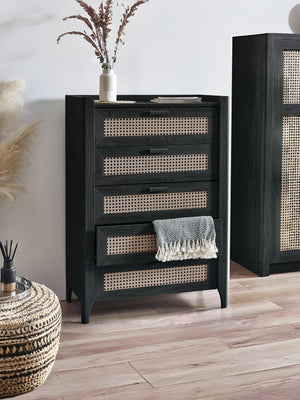 Sydney Rattan Print 5 Drawer Chest - Black Ash Effect