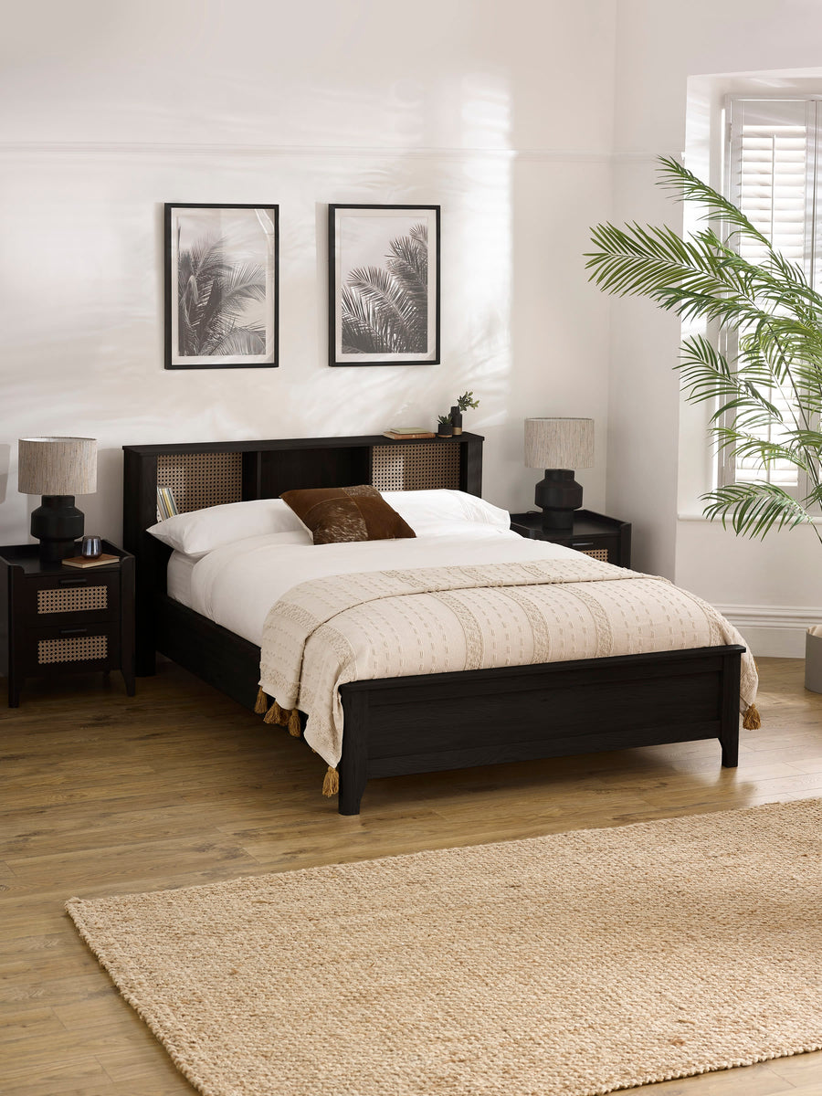 Sydney Rattan Print Bookcase Bed Frame - Black Ash Effect, King