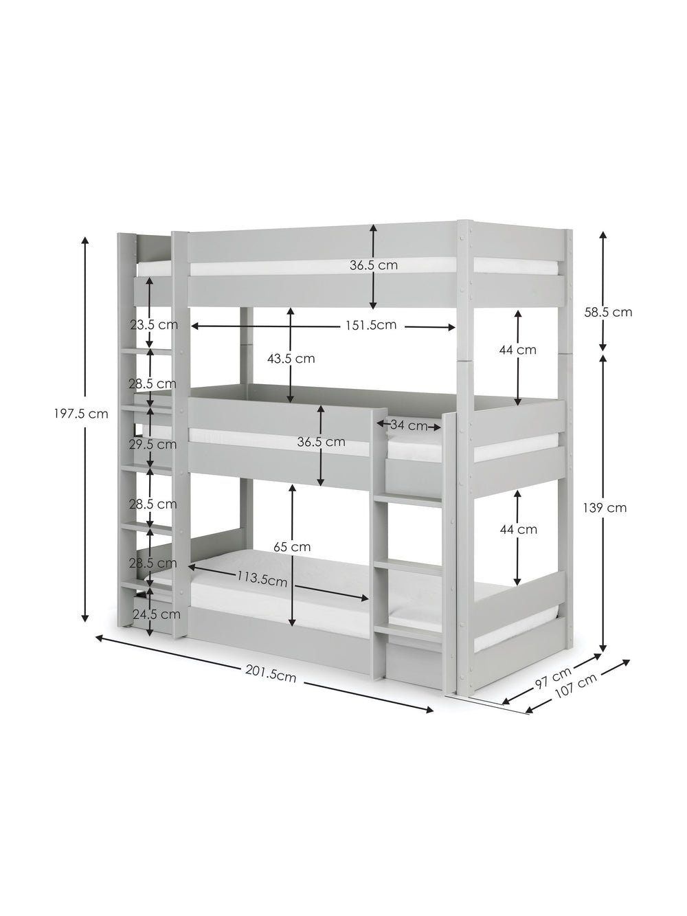 Trio 90cm Single Grey 3 Tier Triple Bunk Bed