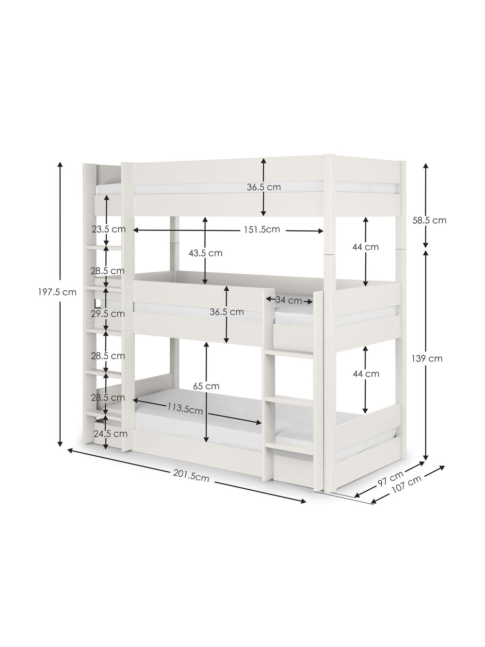 Trio 90cm Single White 3 Tier Triple Bunk Bed