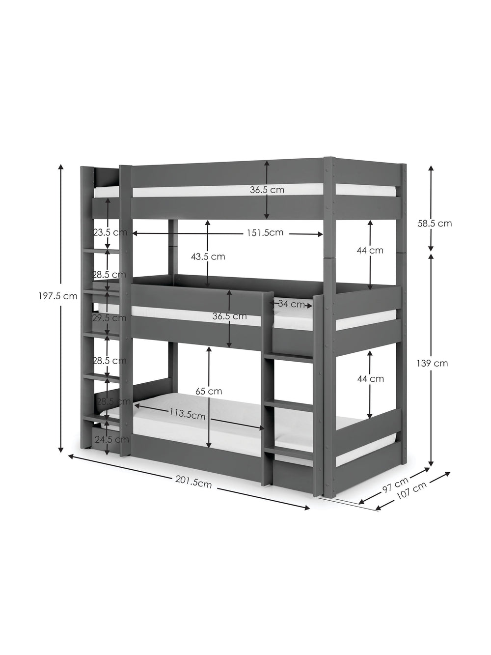 Trio 90cm Single Anthracite Black 3 Tier Triple Bunk Bed