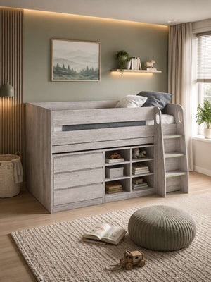 Vespa Mid Sleeper Bed with Desk - Grey Oak Effect