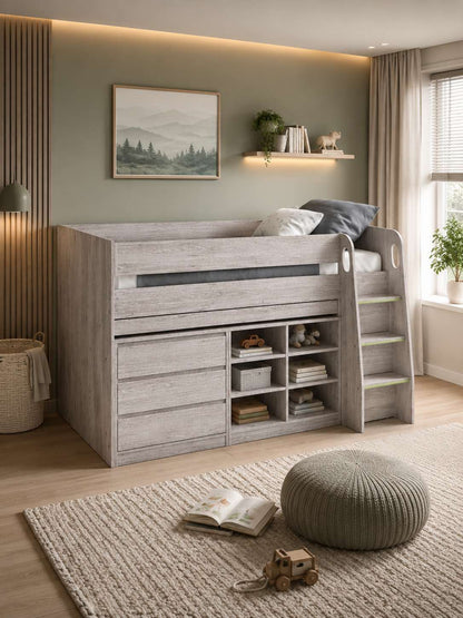 Vespa Mid Sleeper Bed with Desk - Grey Oak Effect