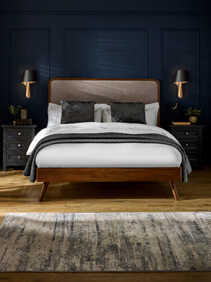 Walden Walnut Effect 150cm Kingsize Bed with Grey Chenille Upholstered Headboard