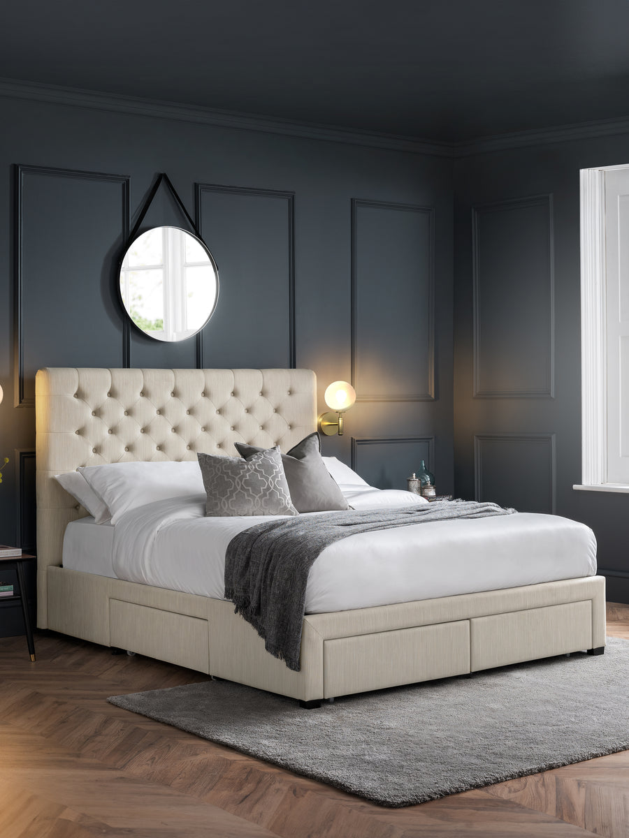 Wilton Upholstered 4 Drawer Storage Bed Frame - Oatmeal Linen, Super King