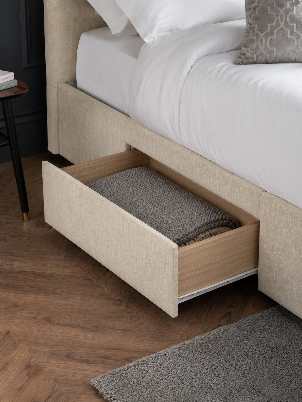 Wilton Upholstered 4 Drawer Storage Bed Frame - Oatmeal Linen, Super King