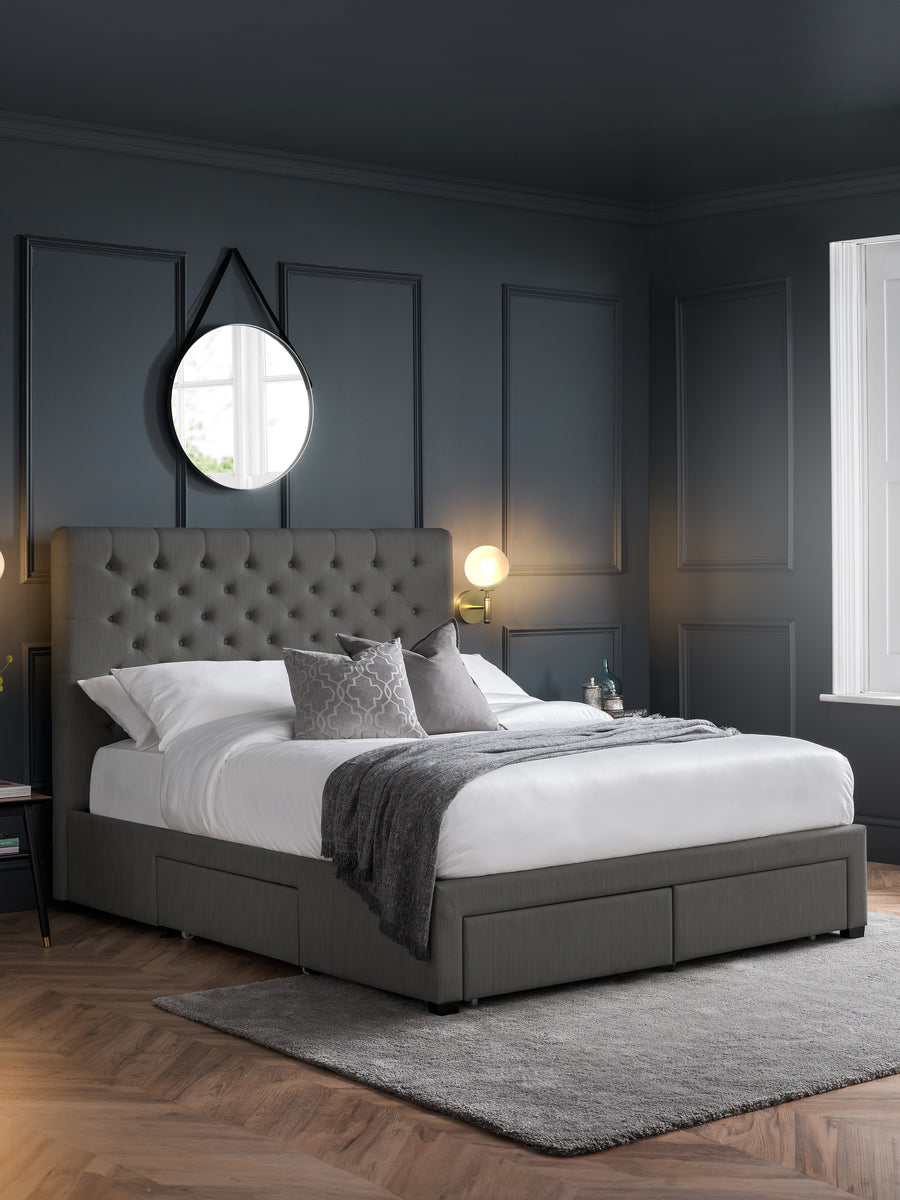 Wilton Upholstered 4 Drawer Storage Bed Frame - Dark Grey Linen, King
