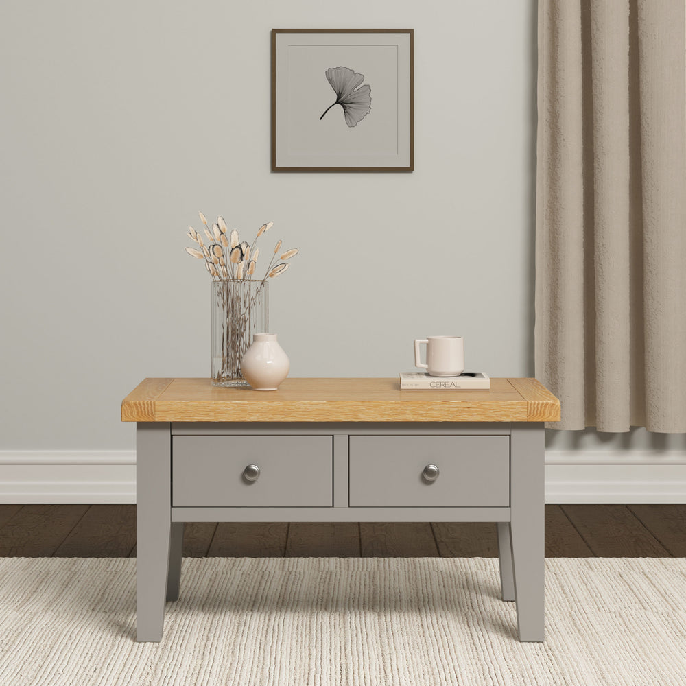Windsor 2 Drawer Coffee Table - PEBBLE GREY/OAK