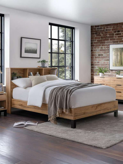 Bali Bookcase Headboard Bed 150cm - Light Oak