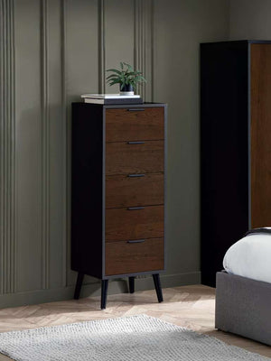 Alba 5 Drawer Narrow Chest - Walnut/Black