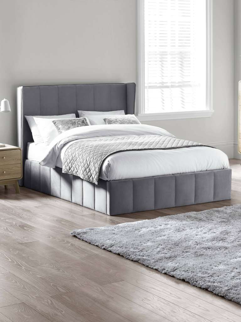 Katie Grey Velvet Upholstered 150cm Kingsize Ottoman Storage Bed
