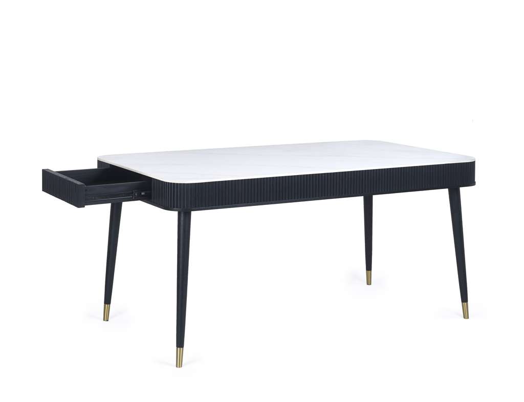 Louis Fluted Stone Top Dining Table With Drawers - Black