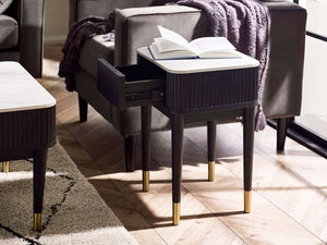 LouisÂ Fluted Stone Top Lamp Table With Drawer - Black