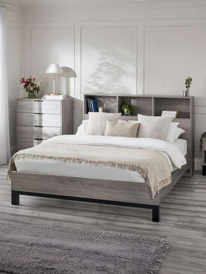 Bali Bookcase Headboard Bed 135cm - Grey Oak