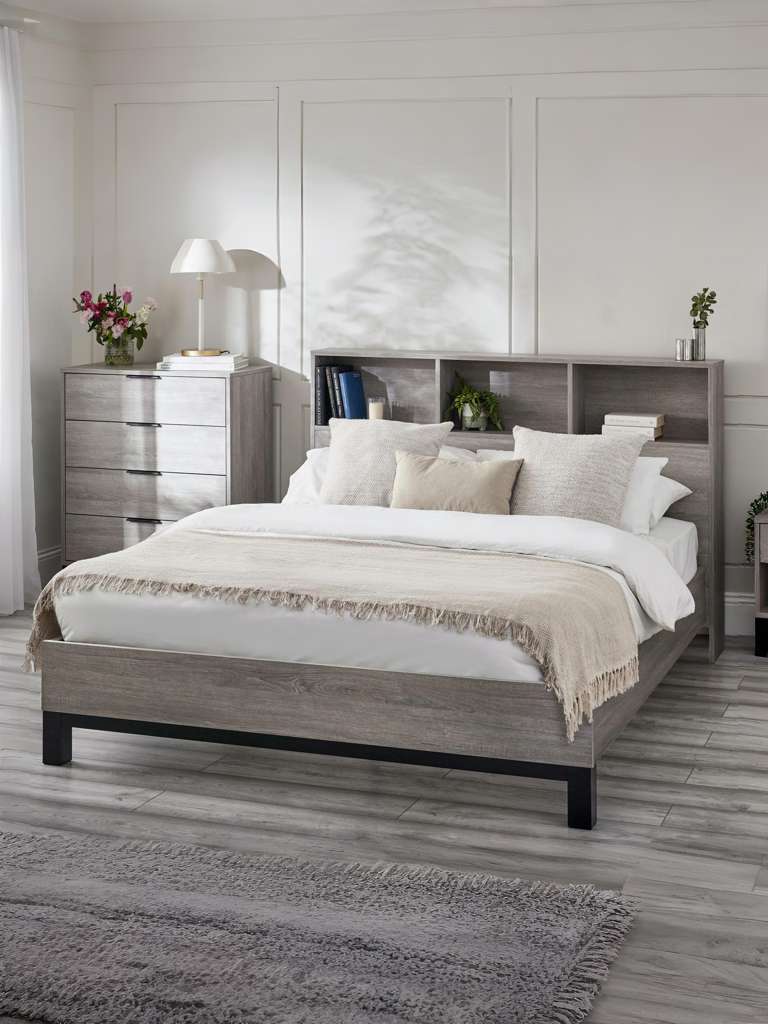 Bali Bookcase Headboard Bed 150cm - Grey Oak
