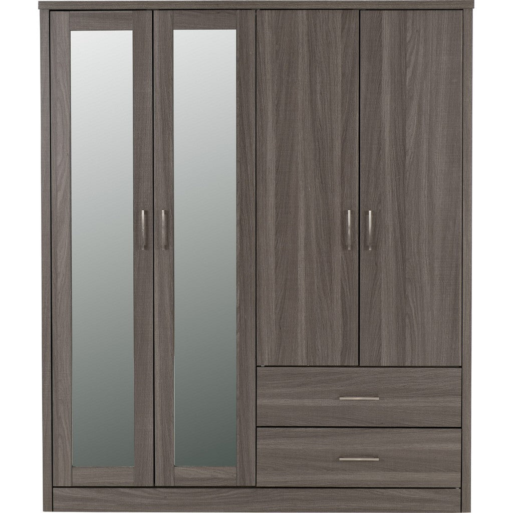 Lisbon 4 door Wardrobe-Furniture-Seconique-Black Wood Grain-Levines Furniture