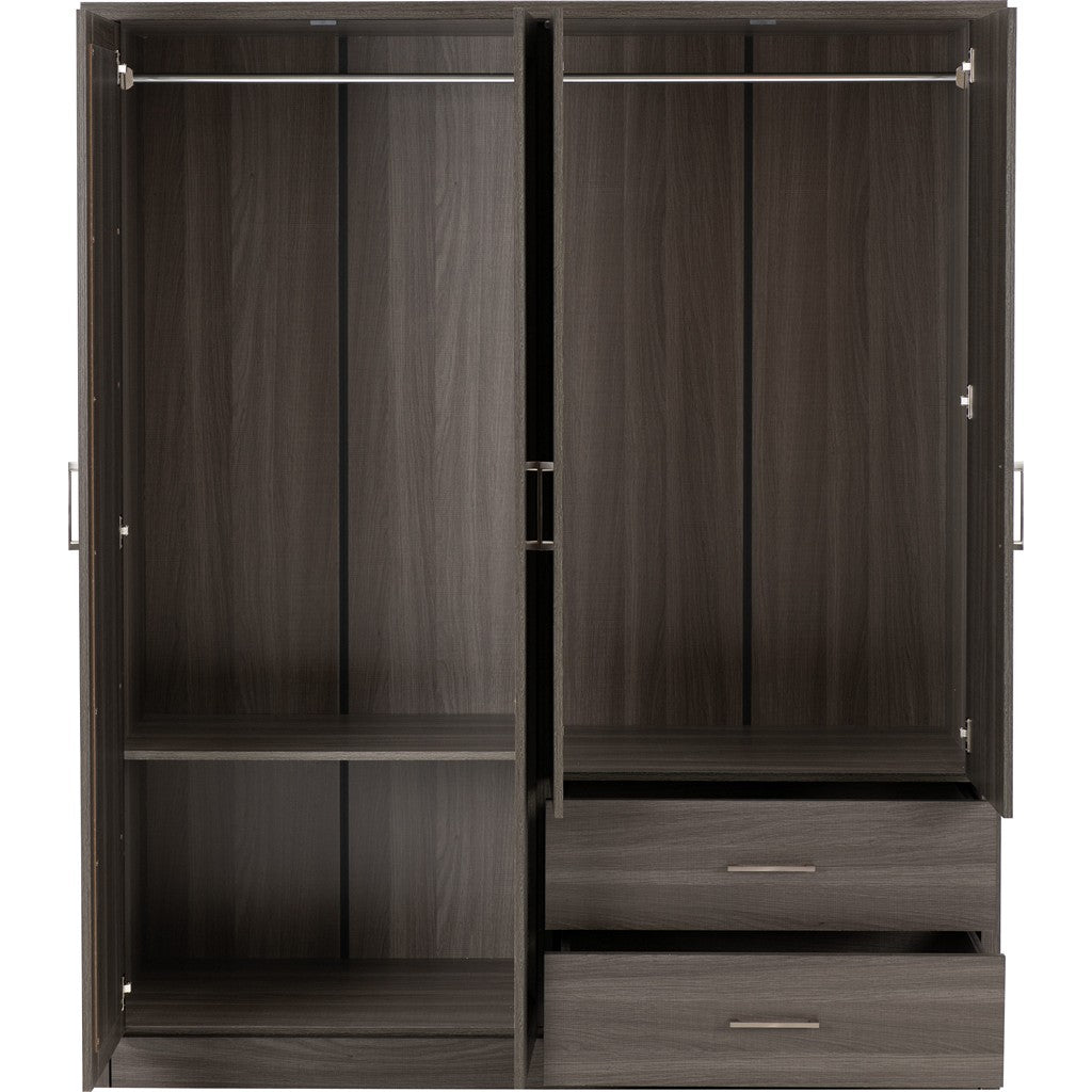 Lisbon 4 door Wardrobe-Furniture-Seconique-Black Wood Grain-Levines Furniture