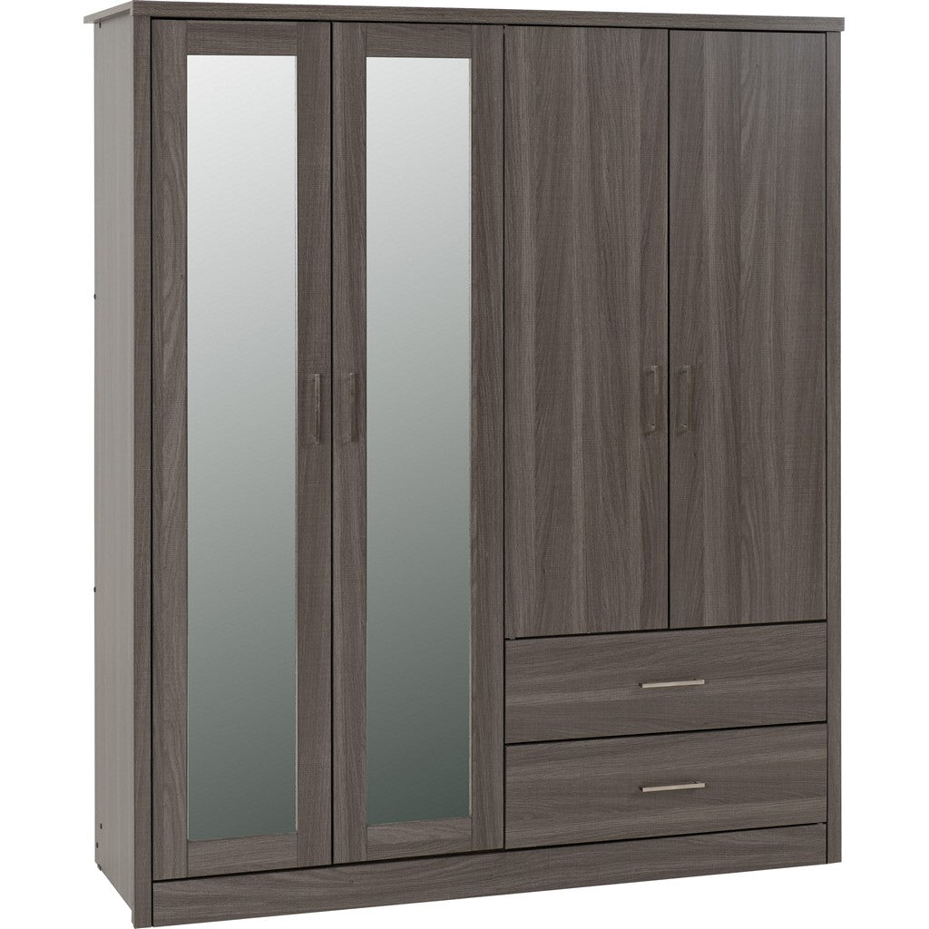 Lisbon 4 door Wardrobe-Furniture-Seconique-Black Wood Grain-Levines Furniture