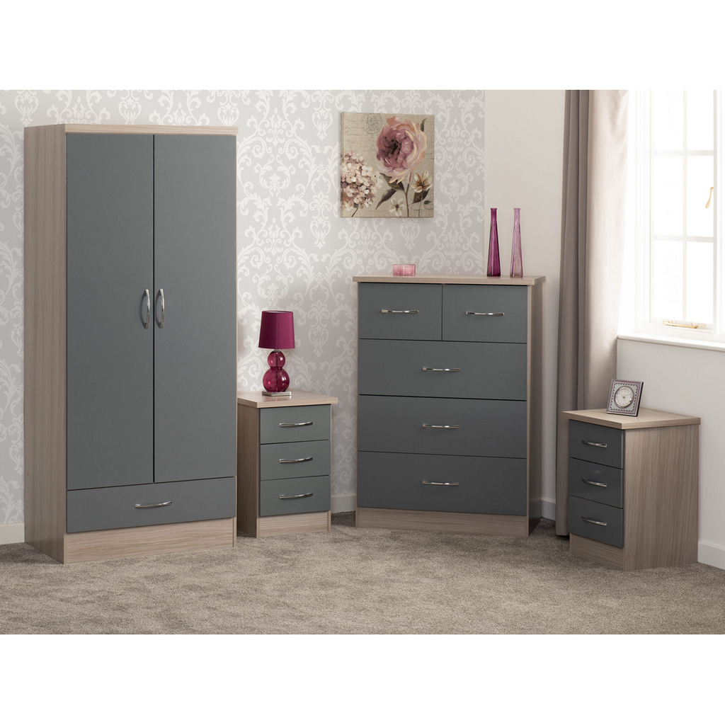 Nevada 2 Door 1 Drawer Wardrobe Bedroom Set-Furniture-Seconique-Black Gloss-Levines Furniture