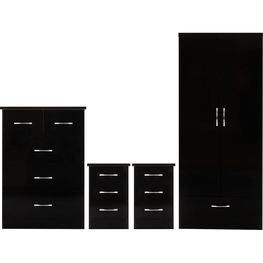 Nevada 2 Door 1 Drawer Wardrobe Bedroom Set-Furniture-Seconique-Black Gloss-Levines Furniture